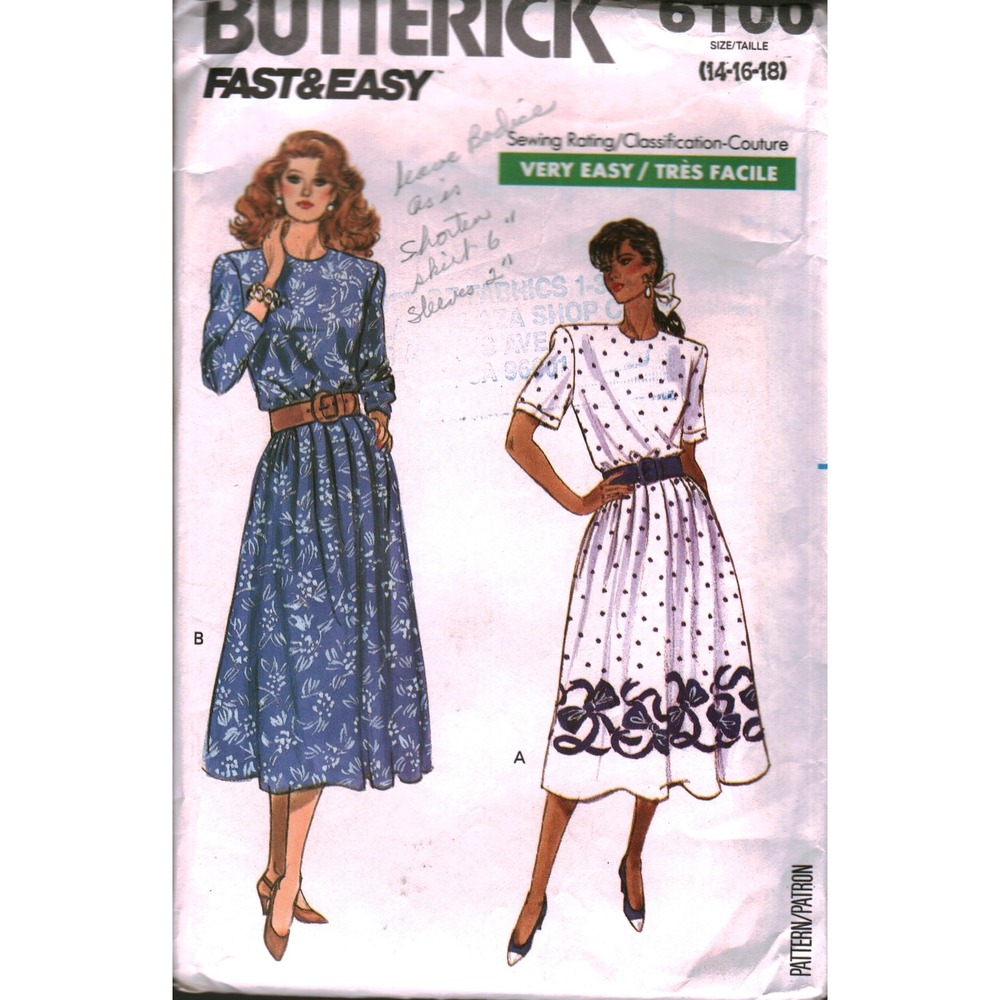Vintage Butterick 6100 Sewing Pattern Misses Dress 80s Shoulder Pads Size 14-18